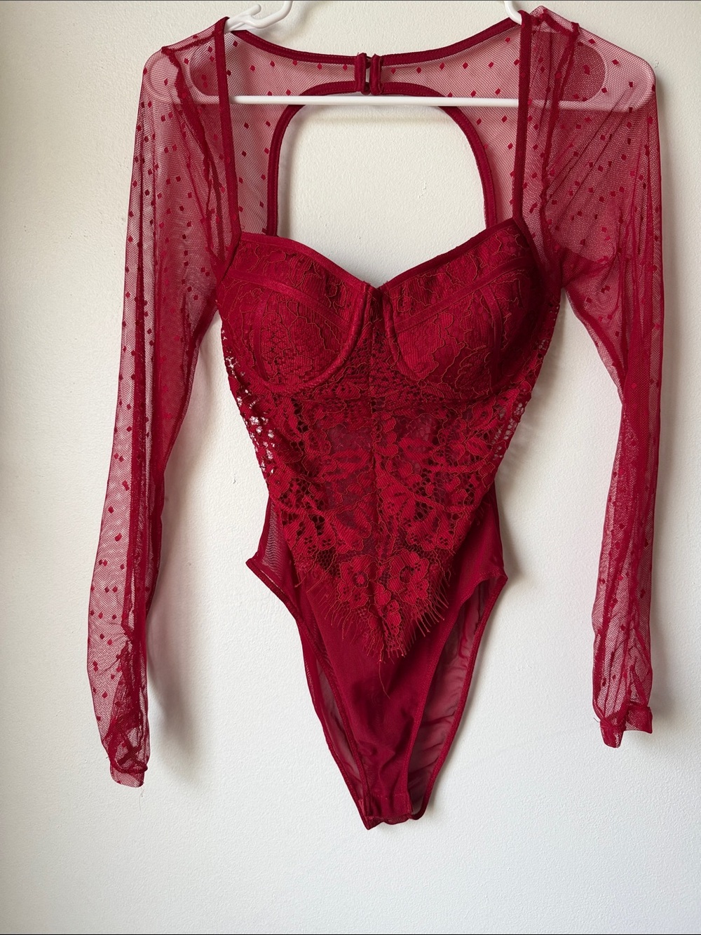 Haute Monde Red Lace Long-Sleeve Mesh Bodysuit